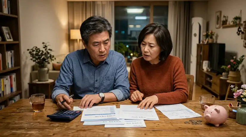 나무 식탁에 앉아 보험 서류를 검토하는 걱정스러운 표정의 50대 한국인 부부와 돼지저금통, 계산기가 놓인 따뜻한 실내 장면.