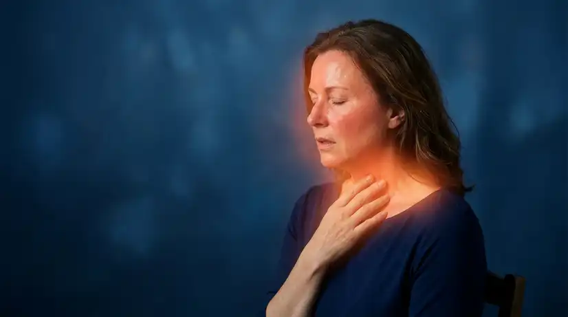 어두운 배경 속 목과 가슴에 붉은 열감을 느끼며 눈을 감고 손을 얹은 고통스러운 여성의 모습 