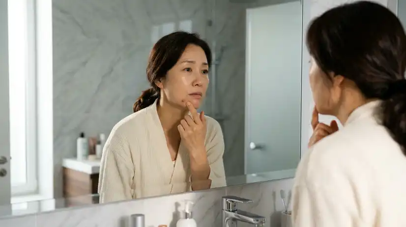 욕실 거울을 보며 턱에 난 피부 트러블을 손가락으로 가리키고 걱정스러운 표정을 짓는 여성