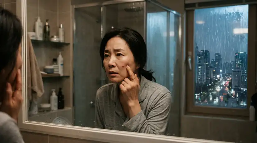 욕실 거울을 보며 볼의 붉은 트러블을 만지는 중년 여성, 창밖으로 장마철 빗줄기가 내리는 모습 