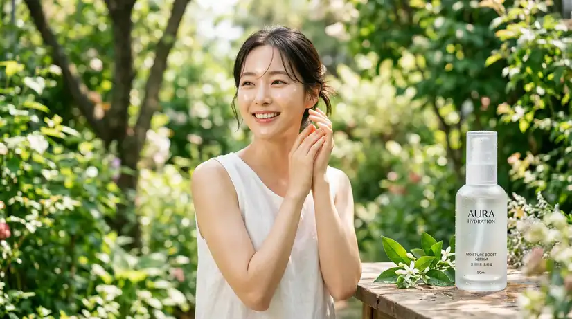 초록 정원 햇살 아래 웃고 있는 여성과 투명한 수분 세럼 병이 싱그럽고 청량한 분위기를 연출