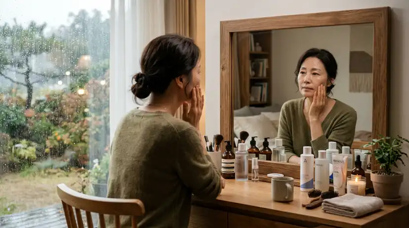 비 오는 창밖을 배경으로 화장대 거울 앞에서 볼을 부드럽게 만지며 피부 상태를 확인하는 중년 여성