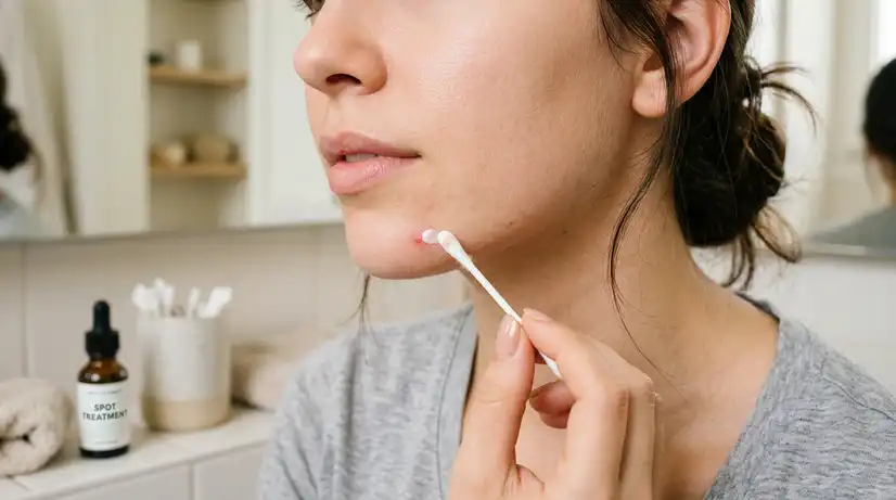 면봉을 사용하여 턱에 난 트러블 부위에 하얀색 스팟 크림을 조심스럽게 바르는 여성의 옆모습