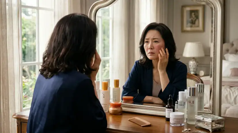 화장대 거울 앞에서 붉어진 양 볼을 만지며 걱정스러운 표정으로 피부 상태를 살피는 중년 여성 