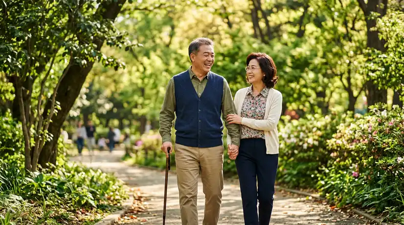 햇살 가득한 공원에서 편안하고 행복하게 산책하는 50대 후반 아시아 부부의 따뜻한 사진, 안정적인 노후 상징. 