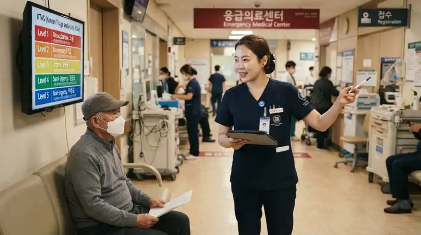 병원 복도에서 일단계부터 오단계까지 분류 기준이 표시된 디지털 화면을 환자에게 설명하는 의료진 