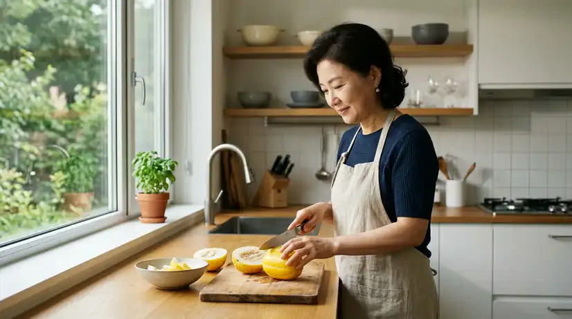 밝은 햇살 가득한 현대적 주방에서 노란 참외를 조심스럽게 썰고 있는 우아한 중년 한국 여성의 평온하고 건강한 일상 