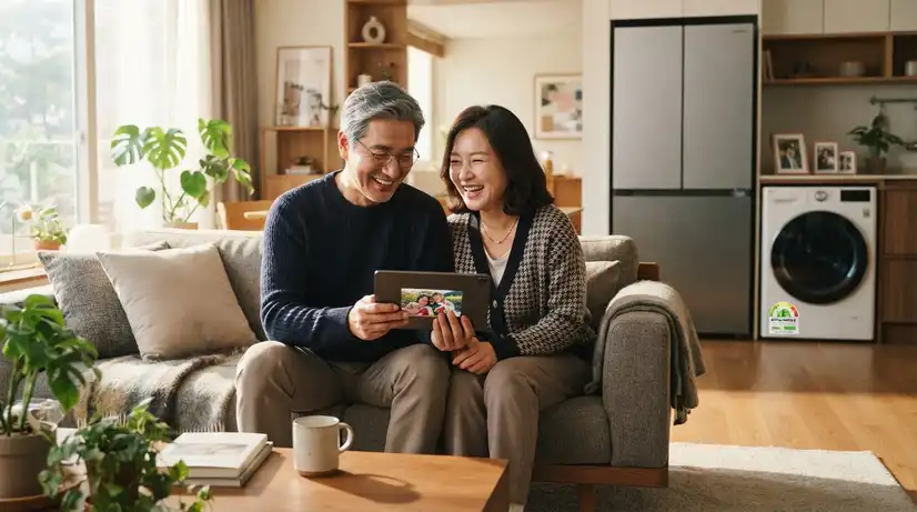 태블릿으로 고효율 가전 환급을 확인하는 중년 부부의 거실 