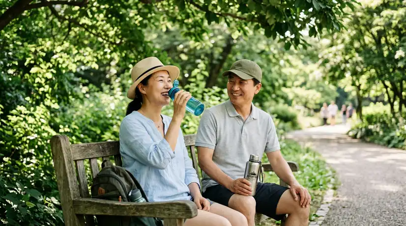 나무 그늘 벤치에서 재사용 물병으로 시원한 물을 마시며 휴식하는 밝은 여름 옷과 모자 차림의 건강한 중년 한국인 부부