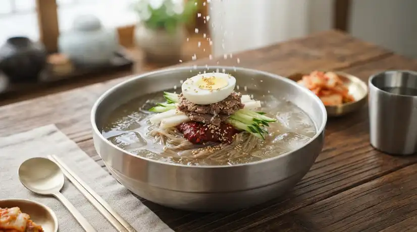스테인리스 그릇에 담긴 얼음 동동 떠 있는 냉면과 삶은 달걀 오이 고명 위로 소금 결정이 예술적으로 떨어지는 여름 푸드 프로 컷