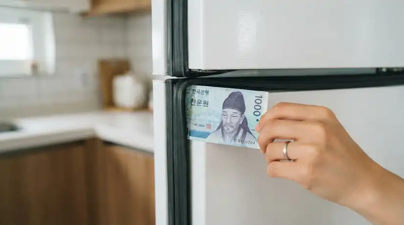밝은 주방 배경에서 손이 냉장고 문 틈 사이에 한국 지폐를 끼워 넣어 고무 패킹의 냉기 누출 여부를 확인하는 클로즈업 