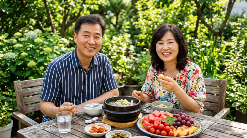 푸른 정원 테이블에서 삼계탕과 여름 과일을 앞에 두고 밝게 웃는 건강한 오십대 한국인 부부, 따뜻한 자연광 가득한 야외 