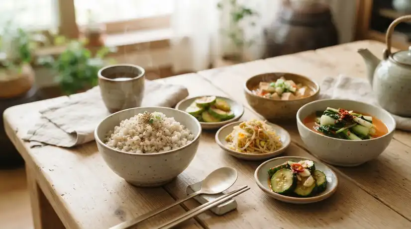 밝은 햇살 드는 나무 테이블에 도자기 보리밥 그릇과 열무김치 오이 반찬이 정갈하게 차려진 여름 식탁 인테리어