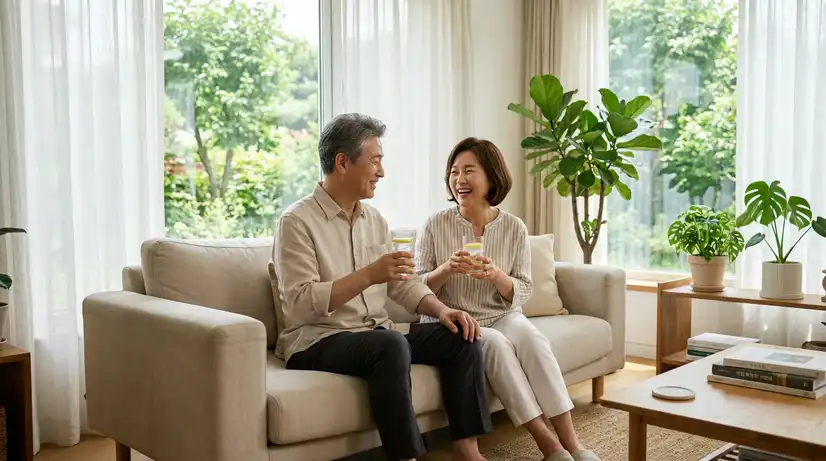 밝은 여름 햇살이 비치는 깨끗한 거실에서 린넨 옷을 입고 물잔을 들고 편안히 휴식하는 중년 한국인 부부의 평화로운 모습