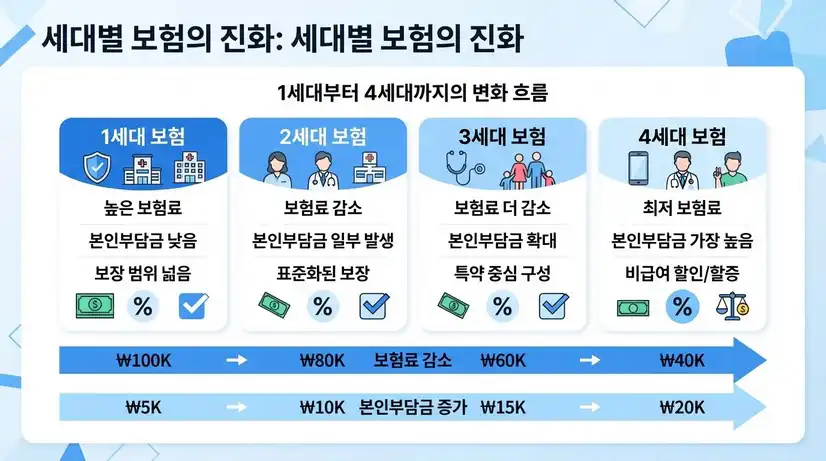 일세대부터 사세대까지 보험료와 본인부담금 변화 추이를 보여주는 청결한 청록색 인포그래픽 