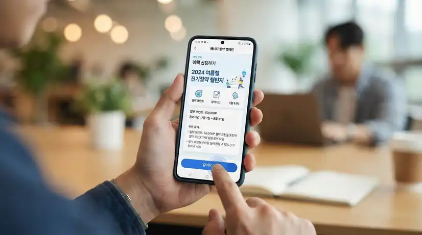 한전 ON 앱 에너지 캐시백 신청 화면에서 신청 버튼을 누르는 손