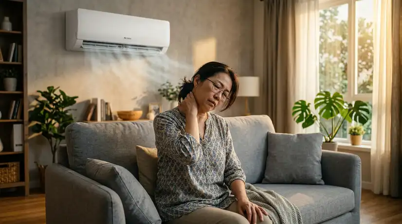 현대적 거실 소파에 앉아 목을 만지며 지쳐 보이는 중년 아시아 여성, 배경에 작동 중인 벽걸이 에어컨과 대조적인 따뜻한 햇살
