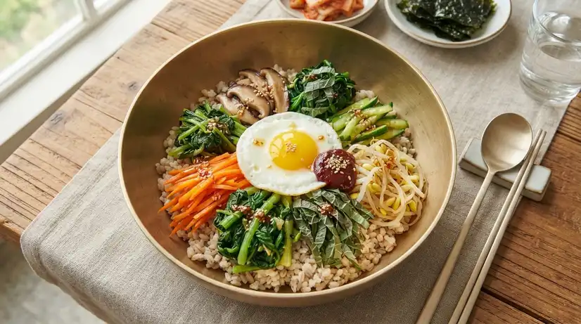 황동 보리비빔밥 그릇에 보리밥 위에 열무잎 당근채 숙주를 올리고 들기름을 뿌린 다채로운 톱뷰 음식 사진 
