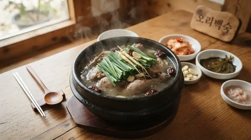 검은 도자기 뚝배기에 담긴 전통 오리백숙에 다량의 부추 인삼 대추를 얹고 주변에 김치 반찬을 더한 따뜻한 아침 식탁 음식 사진