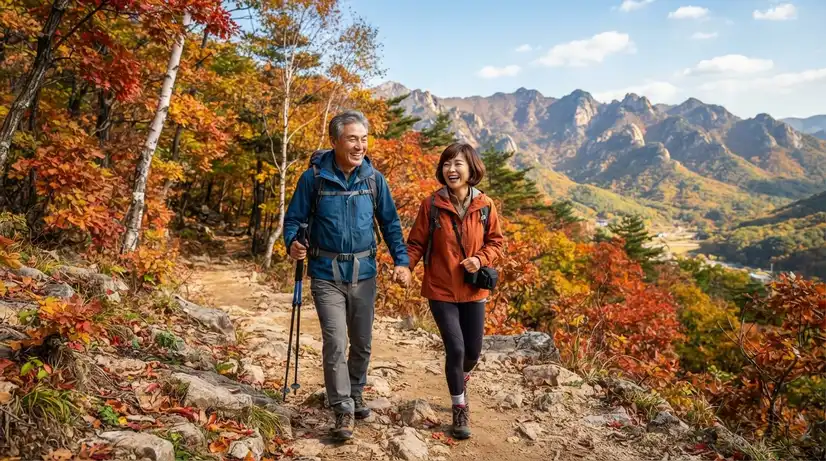 가을 단풍이 물든 아름다운 산길에서 활기차게 걸으며 경제적 여유와 건강을 만끽하는 오십대 부부
