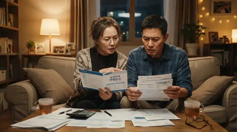 따뜻한 거실 소파에 앉아 걱정스러운 표정으로 보험 증서와 고지서를 살펴보는 오십대 부부