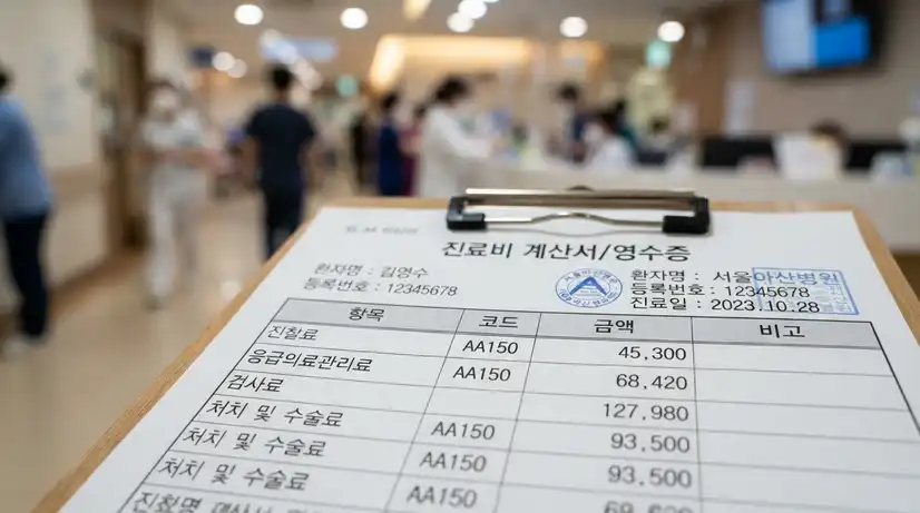 병원 배경에서 흐릿하게 처리된 응급의료관리료 항목이 강조된 진료비 영수증 클로즈업