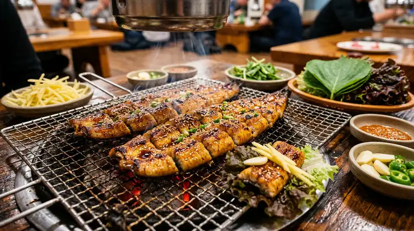 숯불 위에서 윤기나는 양념으로 노릇노릇 구워지는 장어구이, 생강채와 상추 쌈이 곁들여진 고급스러운 푸드 스타일링 