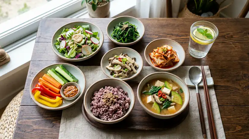 신선한 채소 중심의 건강한 한식과 물 한 잔이 따로 놓인 탑다운 촬영, 저염식 개념의 밝은 자연광 푸드 포토그래피 