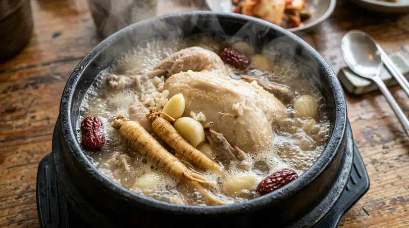 검은 뚝배기 속에서 보글보글 끓는 삼계탕, 통닭과 인삼 대추 마늘이 보이고 김이 오르는 전통 요리의 클로즈업 푸드 사진
