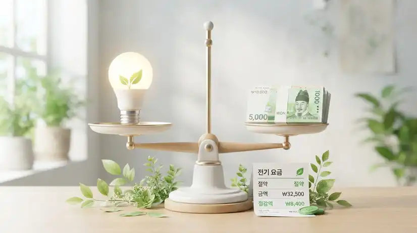 절약한 전기가 환급으로 돌아오는 균형 저울 인포그래픽 