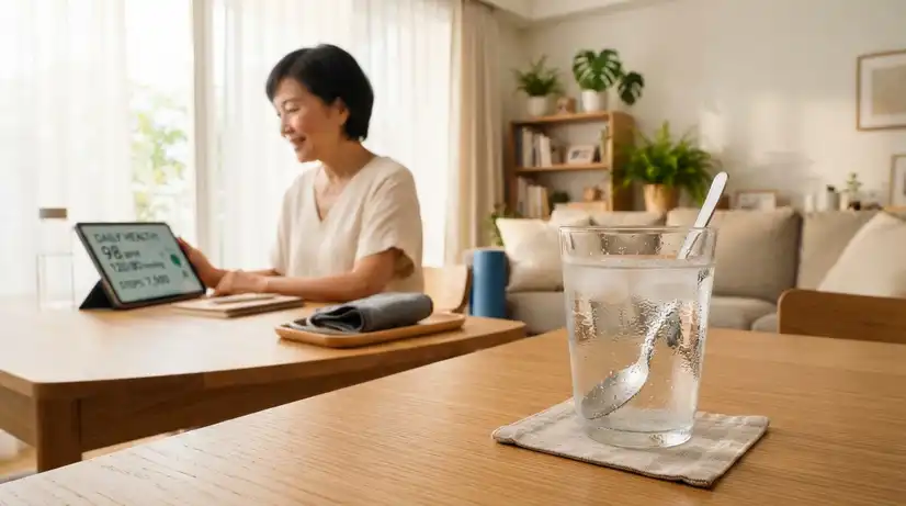 맑은 물잔이 놓인 테이블 앞에서 중년이 혈압계로 건강을 체크하는 밝은 여름 거실의 건강 관리 라이프스타일 