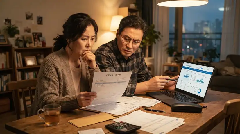 나무 식탁에서 보험 고지서와 노트북을 보며 진지하게 보험 전환을 고민하는 오십대 한국인 부부