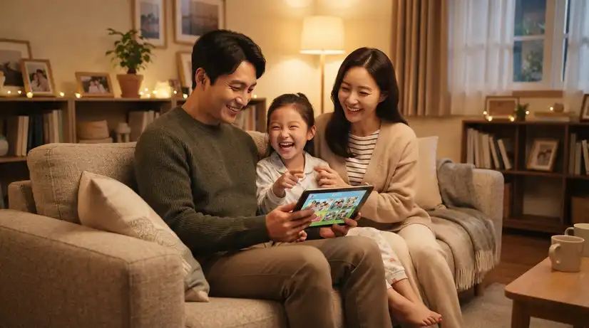 소파에서 태블릿을 함께 보며 환하게 웃고 있는 따뜻하고 행복한 한국의 가족