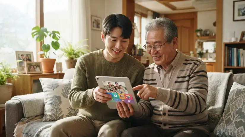 소파에서 태블릿 사용법을 알려주는 젊은 아들과 배운 모습에 환하게 웃는 아버지의 따뜻한 일상 