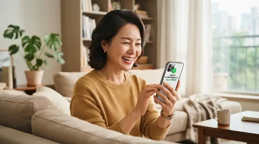 편안한 현대식 거실 배경에서 스마트폰 화면의 에너지 캐시백 환급 완료 알림을 보며 환하게 웃는 중년 